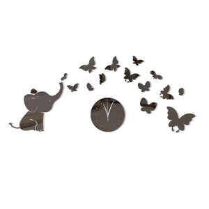Baby Elephant and Butterflies 3D Crystal Mirror Wall Clock-Classic Elephant