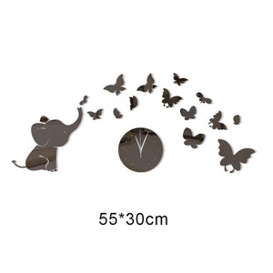 Baby Elephant and Butterflies 3D Crystal Mirror Wall Clock-Classic Elephant