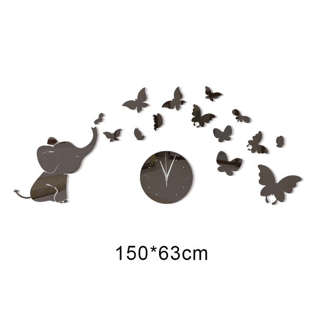 Baby Elephant and Butterflies 3D Crystal Mirror Wall Clock-Classic Elephant