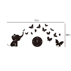 Baby Elephant and Butterflies 3D Crystal Mirror Wall Clock-Classic Elephant