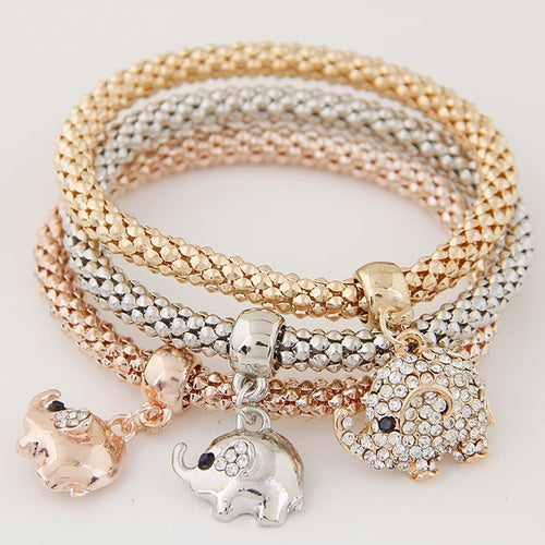 Women Crystal Elephant Charm Bracelet Gold Filled Popcorn Chain Layers-Bracelet-Classic Elephant