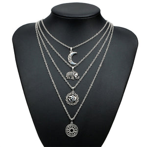 Vintage Women's Four Layers Chains Tassel Moon Elephant Pendant Long Drop Necklace-Necklace-Classic Elephant
