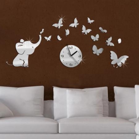 Baby Elephant and Butterflies - Modern Luxury Design - Crystal Mirror Wall Clock-CLOCKS-Classic Elephant