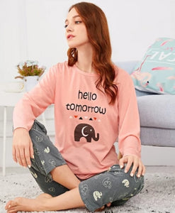 Cartoon Elephant Letter Print Pajama Set For Women-Classic Elephant