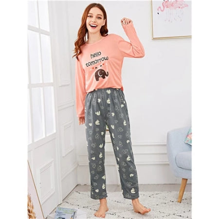 Cartoon Elephant Letter Print Pajama Set For Women-Classic Elephant